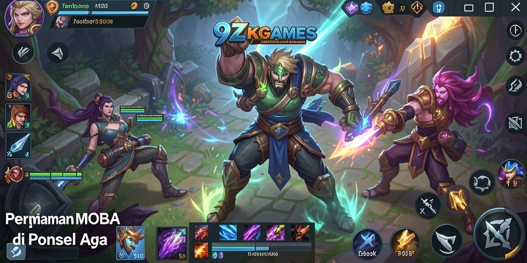 Screenshot gameplay 9ZKGAMES yang menampilkan pertarungan MOBA yang intens.