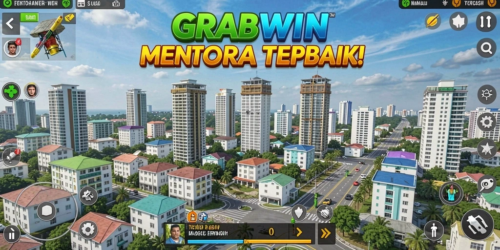 Tangkapan layar gameplay GRABWIN dengan pertahanan menara yang menarik.