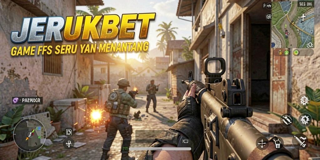 Screenshot menampilkan aksi tembak-menembak seru dalam JERUKBET.