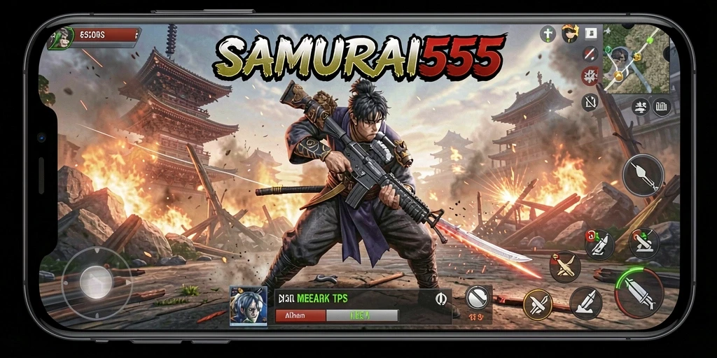 Screenshot game SAMURAI555 menampilkan aksi pertempuran yang mendebarkan.