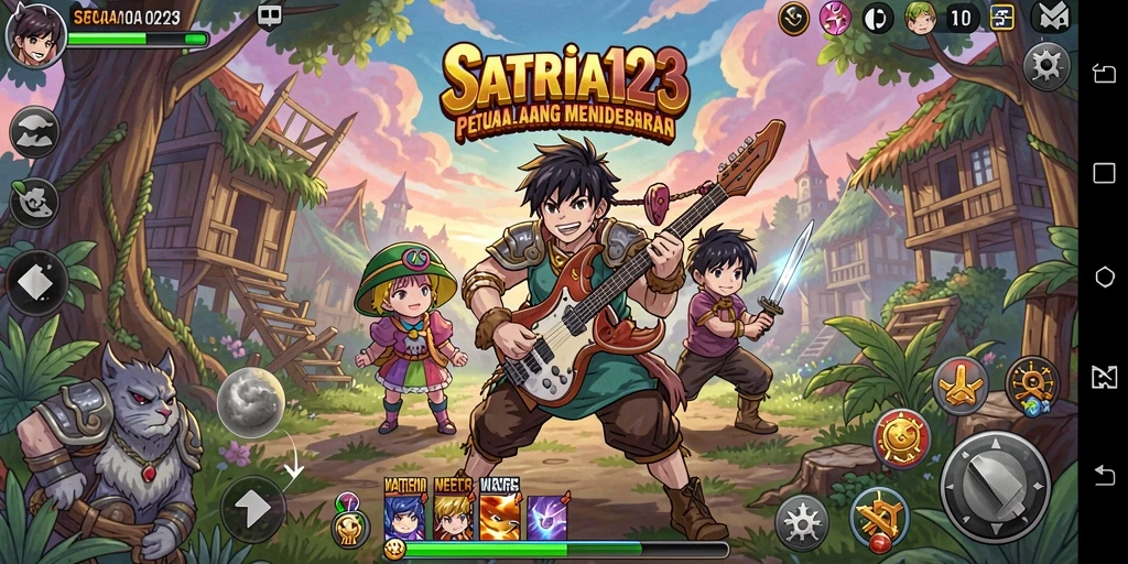 Screenshot utama SATRIA123 menampilkan karakter utama bertarung di latar belakang yang penuh warna.