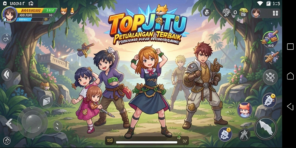 Screenshot gameplay TOPJITU menampilkan karakter anime yang beraksi di lingkungan yang menakjubkan.
