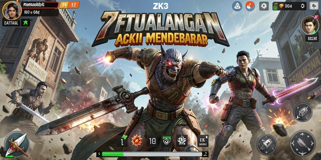 Screenshot gameplay ZK3 dengan aksi mendebarkan di arena pertarungan.